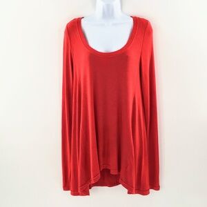 Free People January T Shirt Red Ribbed Oversized Scoop Neck Long Sleeve Tee Sz M